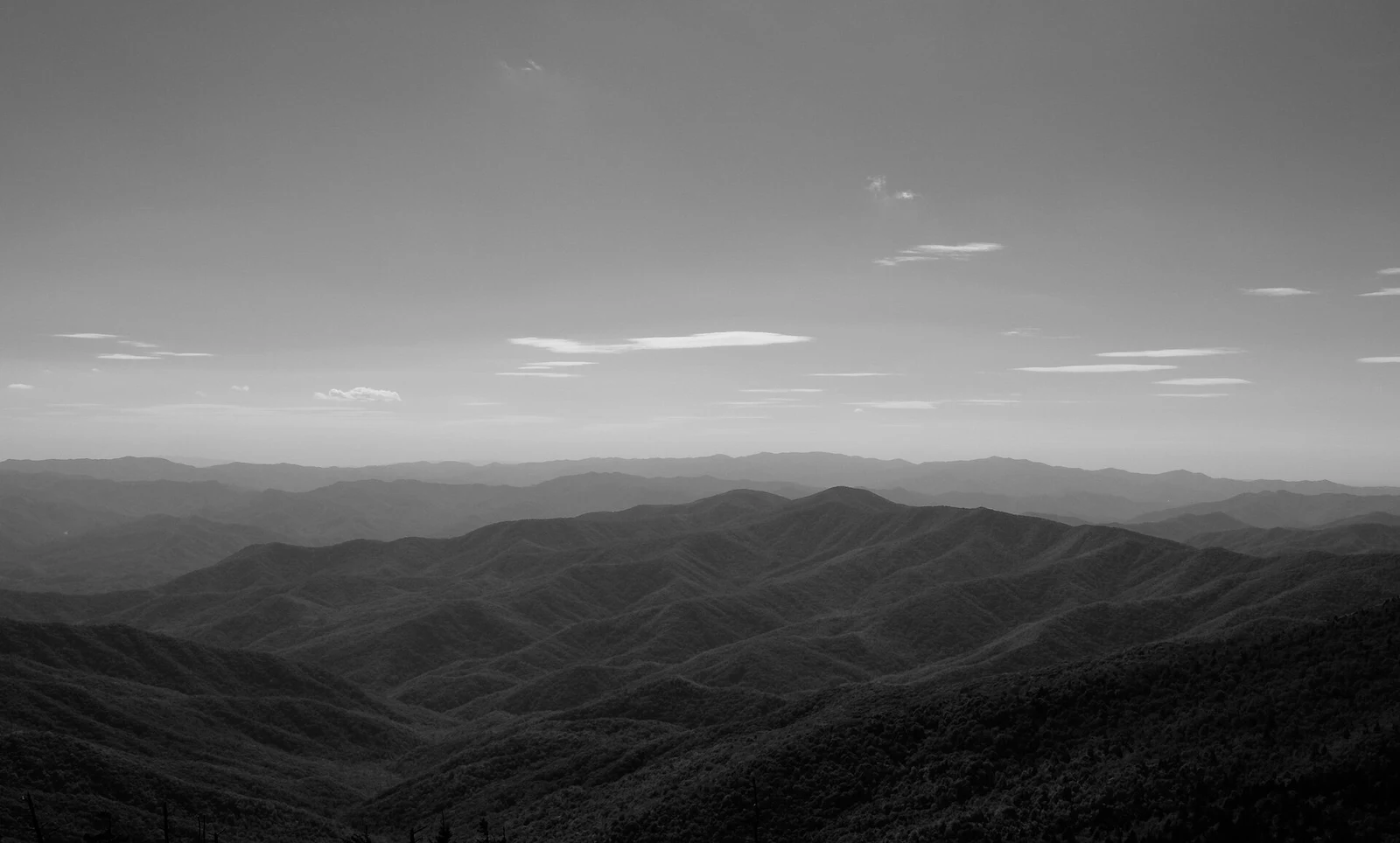 The Great Smoky Mountains National Park in black and white.