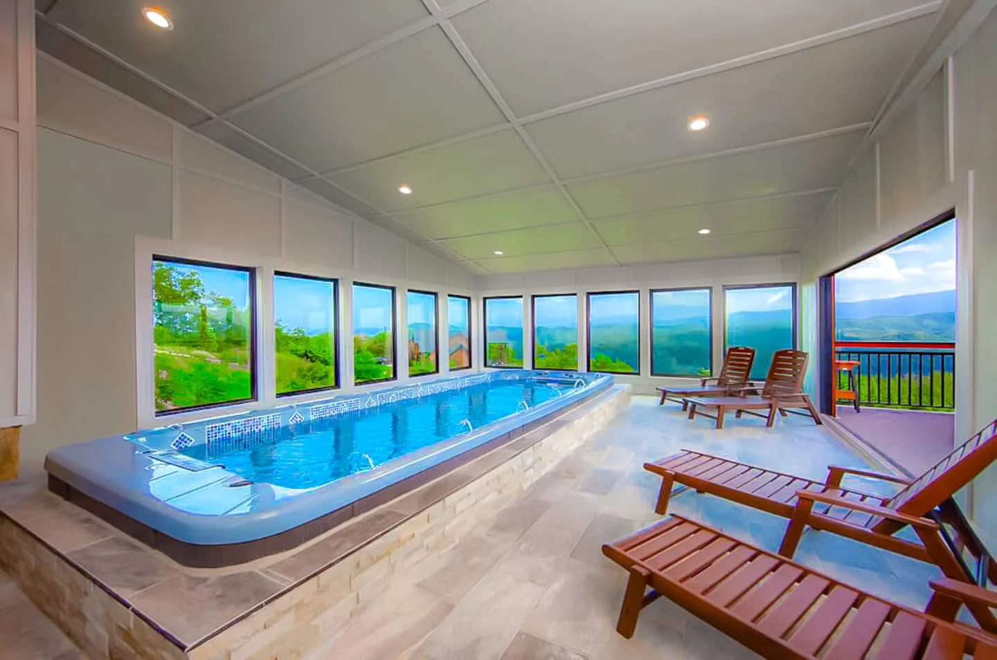 Private heated indoor swim spa at Splashing at the Bluff